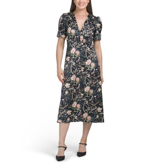 ELIZABETH JAMES THE LABEL Black Reese Short Sleeve Floral Midi Dress - Picture 1 of 2